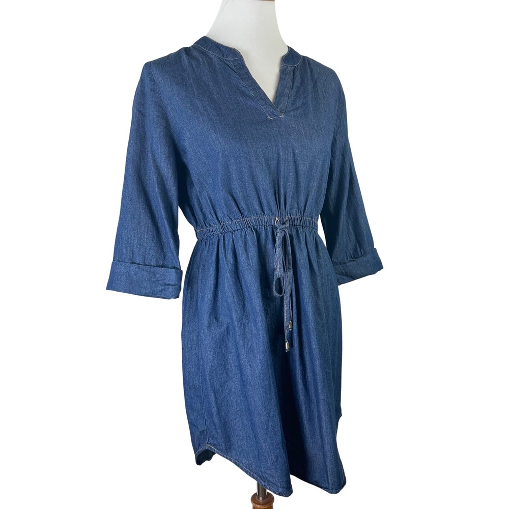 Sauci Blue Denim Faux‎ Drawstring Waist V-Neck Shirt Dress Lightweight Womens M